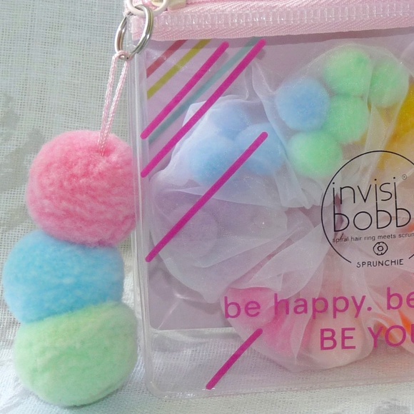 🎀 $9 - invisibobble invisi bobble rainbow Sprunchie Hair Tie Scrunchie w/poms - Picture 8 of 16
